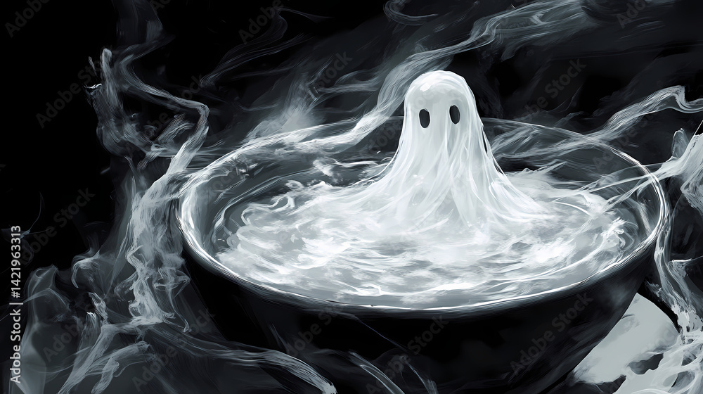 Ghostly apparition brought to life from a bubbling bowl of soup. Phantom Foam. Illustration