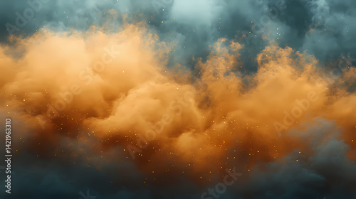 Orange dust storm at twilight, grey clouds loom, landscape, ethereal. Ethereal Loom. Illustration