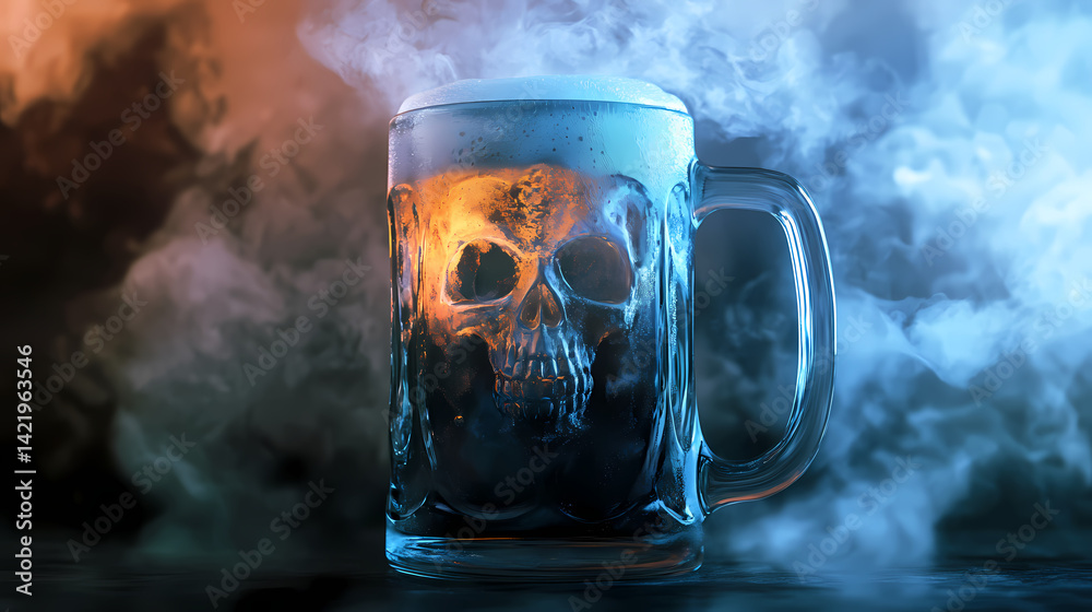 Ghostly beer stein with fog flat design front view haunted tavern theme animation triadic color scheme. Phantom Foam. Illustration