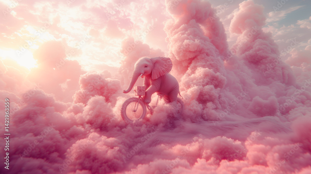 Cute fantasy elephant riding a bike among pink clouds in the sky . The Dream cotton-like cloud or candy smoke. Animal with present gift box for celebration day