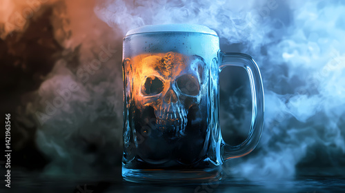 Ghostly beer stein with fog flat design front view haunted tavern theme animation triadic color scheme. Phantom Foam. Illustration