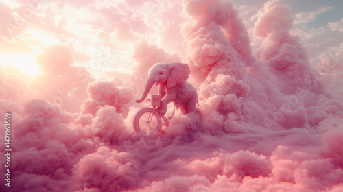 Obraz na płótnie Cute fantasy elephant riding a bike among pink clouds in the sky . The Dream cotton-like cloud or candy smoke. Animal with present gift box for celebration day w salonie