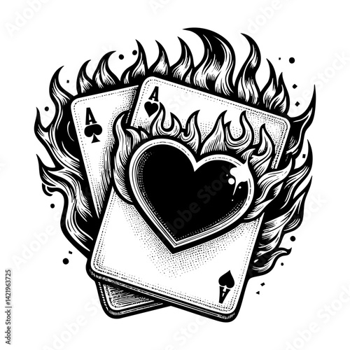Ace card burned sketch engraving black and white outline. Scratch board imitation.