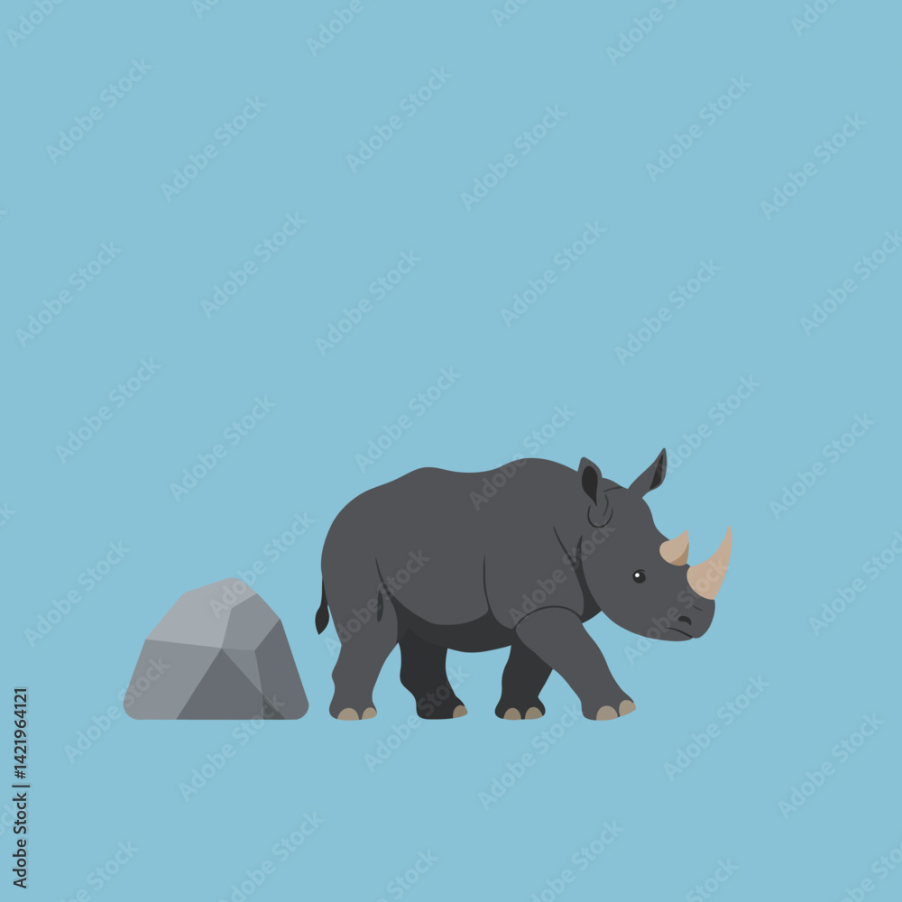 Fototapeta premium Rhinoceros wild animal walking near rock on blue background vector illustration in flat style 