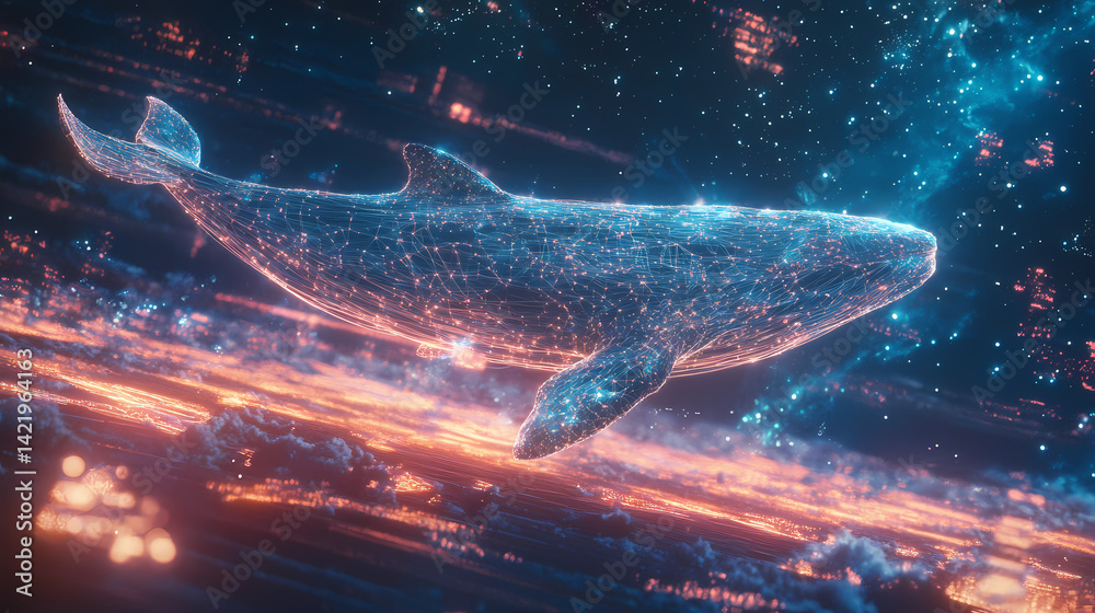 An ethereal digital whale woven with starlit lines moves gracefully across a stellar landscape, blending nature's wonder with a dreamlike technological vision. Phantom Woven. Illustration