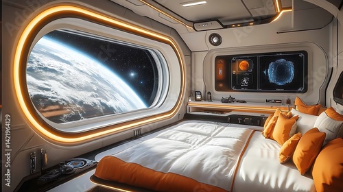 Fototapeta Naklejka Na Ścianę i Meble -  Futuristic spaceship bedroom with panoramic space views.
