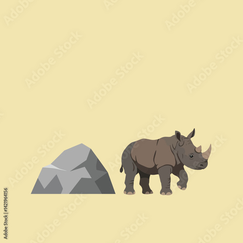 Rhinoceros standing next to grey rock minimalistic vector illustration on beige background for wildlife design and nature themes 