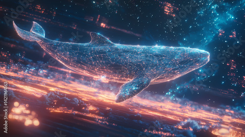 Obraz na płótnie An ethereal digital whale woven with starlit lines moves gracefully across a stellar landscape, blending nature's wonder with a dreamlike technological vision. Phantom Woven. Illustration w salonie