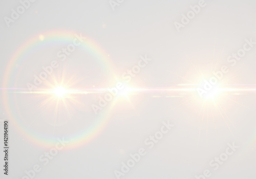 Bright lens flares align horizontally with visible starbursts and subtle rainbow rings on transparent background
