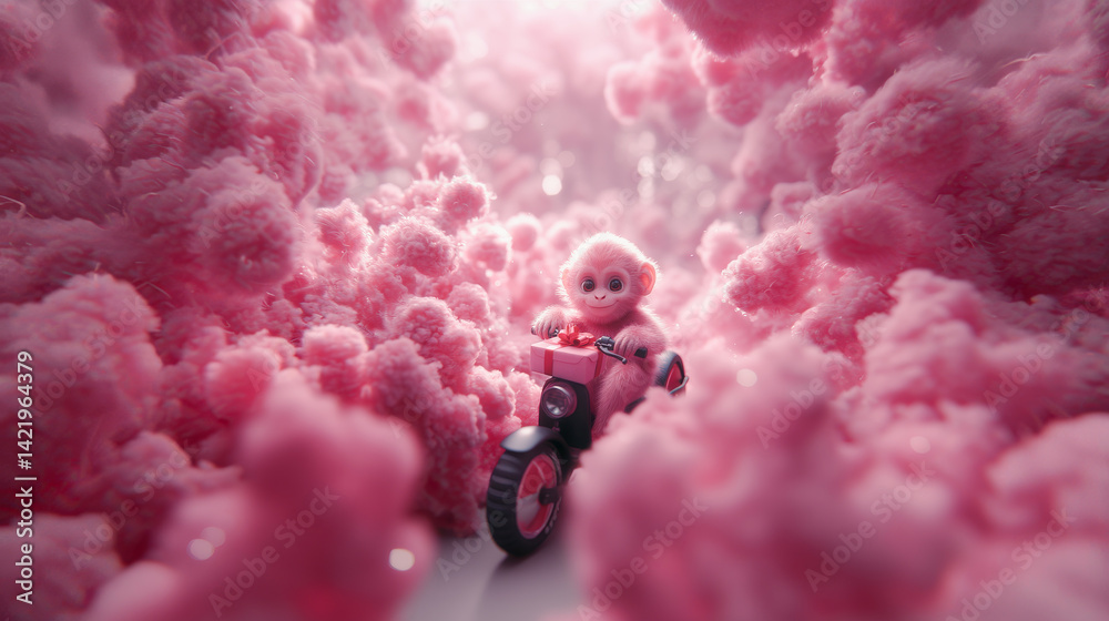 Cute fantasy monkey riding a moped among pink clouds in the sky. The Dream cotton-like cloud or candy smoke. Animal with present gift box for celebration day