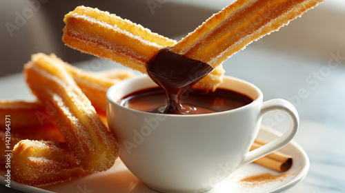Delicious churros with hot chocolate dipping sauce dessert food photography recipe sweet treat snack pastry