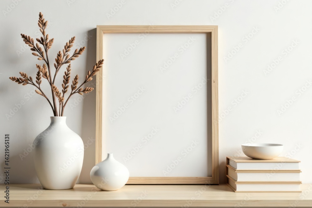 Minimalist Scandi boho home decor Wooden frame, vase, books , cozy, rustic Minimalist Scandi boho home decor Wooden frame, vase, books , cozy, rustic