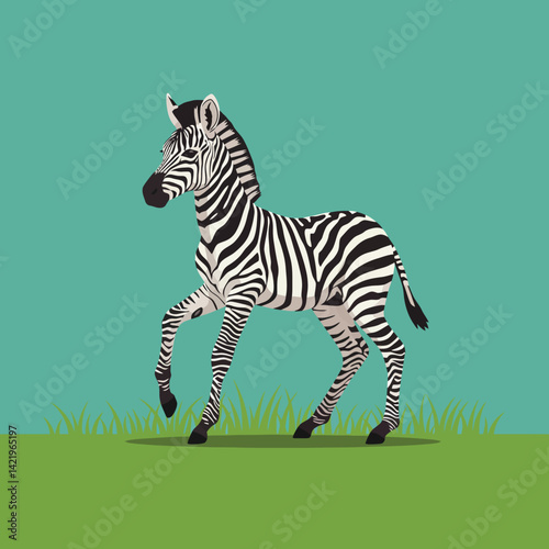 Zebra standing on green grass with blue sky background in flat vector style illustration 