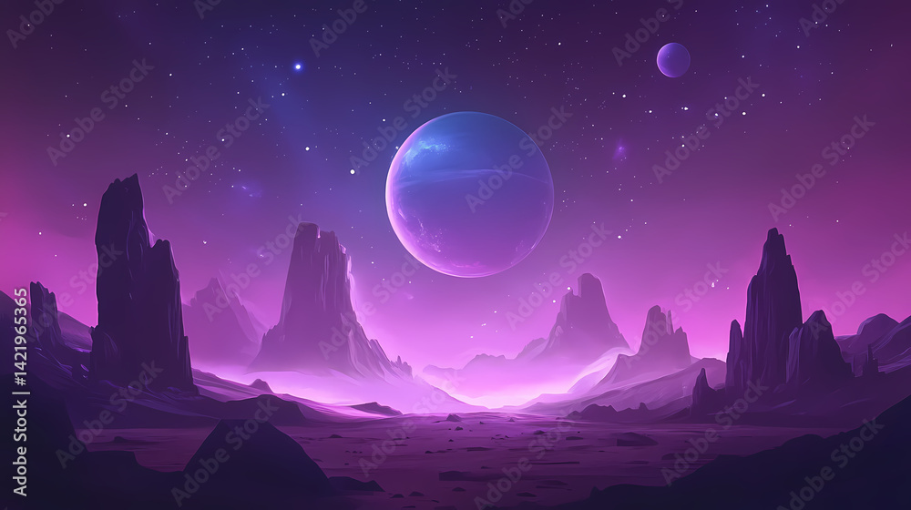 Otherworldly desert landscape under cosmic night sky colossal planets loom on horizon dusty atmosphere casts ethereal glow over alien terrain. Ethereal Loom. Illustration