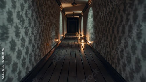 Dark and Mysterious Hallway with Flickering Lights and Vintage Wallpaper Creating an Eerie Atmosphere in an Abandoned Building