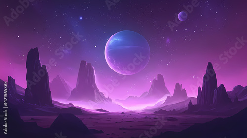 Obraz na płótnie Otherworldly desert landscape under cosmic night sky colossal planets loom on horizon dusty atmosphere casts ethereal glow over alien terrain. Ethereal Loom. Illustration w salonie
