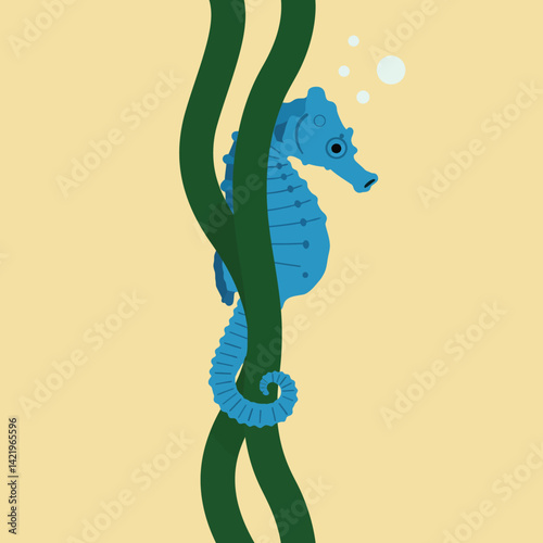 Blue seahorse clinging to green seaweed underwater marine life illustration with bubbles and beige background 