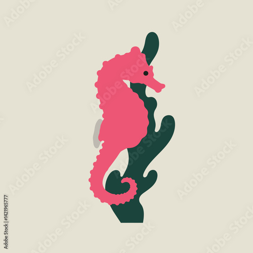 Pink seahorse clinging to dark green seaweed silhouette vector illustration with beige background 