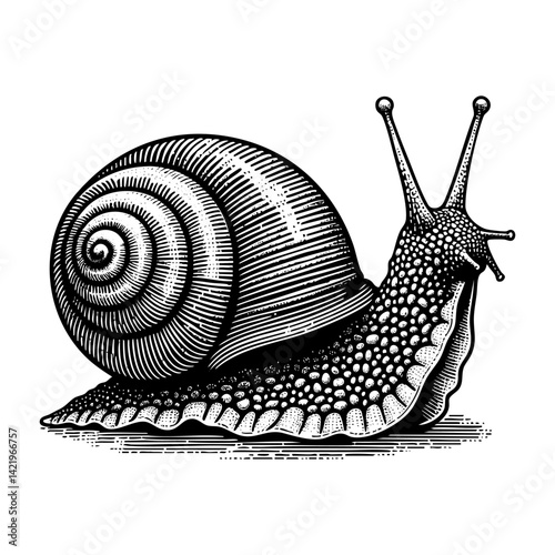 Snail engraving engraving black and white outline. Scratch board imitation.  illustrated in vintage line art style on a white background.
