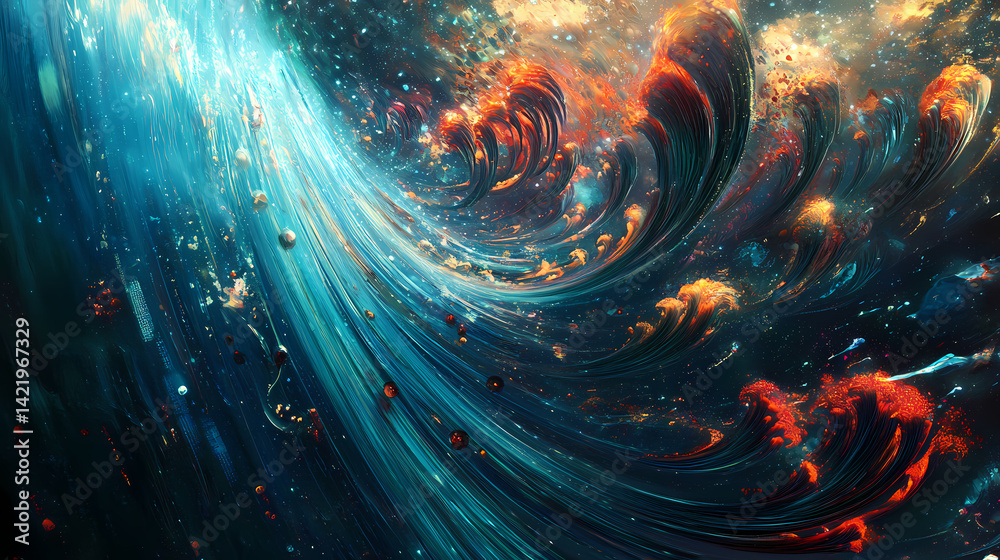 Optical fibers dynamically emerging from the depths over a tech background. Illusion-Spun Fibers. Illustration