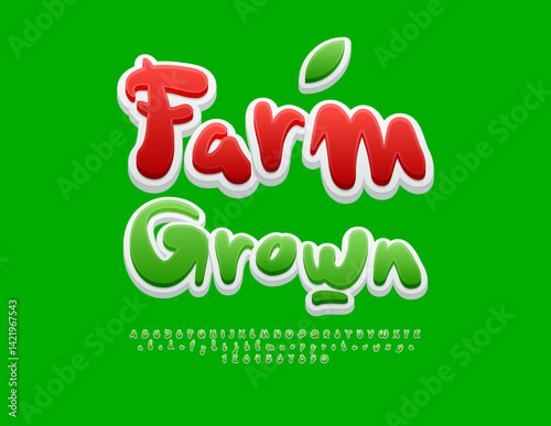 Vector Quality label Farm Grown with decorative Leaf. Green Cursive Font. Creative Alphabet Letters and Numbers set.