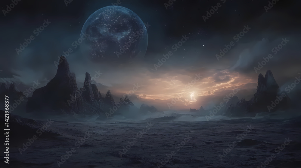 Otherworldly desert landscape under cosmic night sky colossal planets loom on horizon dusty atmosphere casts ethereal glow over alien terrain. Ethereal Loom. Illustration