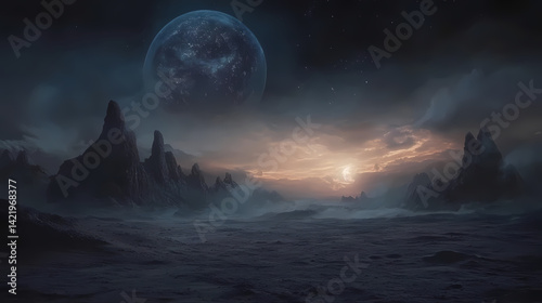 Obraz na płótnie Otherworldly desert landscape under cosmic night sky colossal planets loom on horizon dusty atmosphere casts ethereal glow over alien terrain. Ethereal Loom. Illustration w salonie