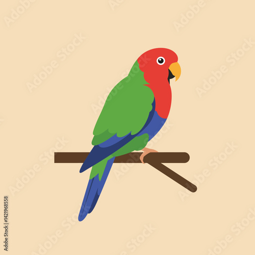 Colorful parrot perched on branch vector illustration with red green and blue feathers natural design