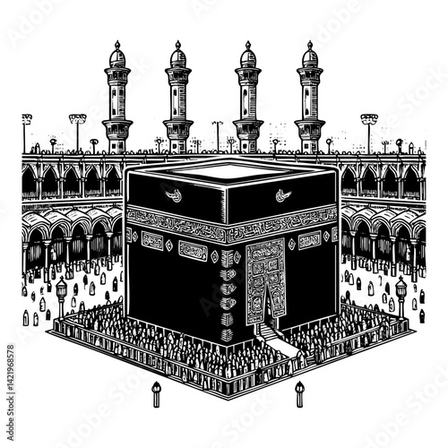 Holy kaaba sketch engraving black and white outline. Scratch board imitation.
