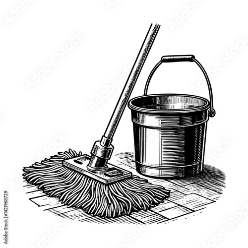 Mop and bucket sketch engraving black and white outline. Scratch board imitation. illustrated in vintage line art style on a white background.

