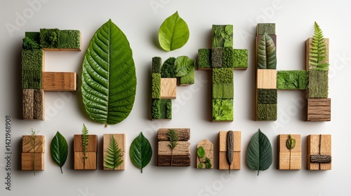 Fresh Green Leaves and Wooden Blocks Arrange Creative Word Art for Natural Design