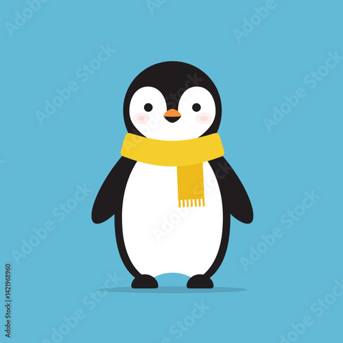 Cute penguin wearing yellow scarf standing on blue background vector illustration for winter and cold weather themes 