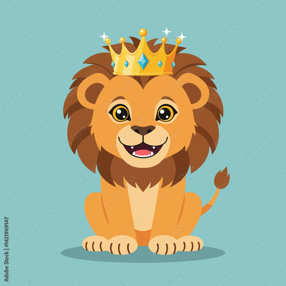 Obraz premium Lion with golden crown sitting smiling cartoon character vector illustration for kids and wildlife designs 