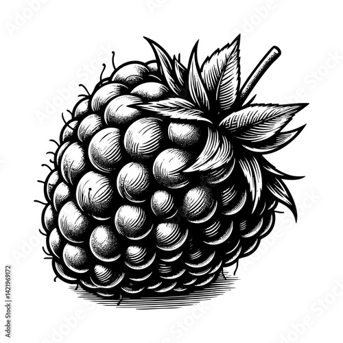 Raspberry sketch engraving black and white outline. Scratch board imitation. illustrated in vintage line art style on a white background.