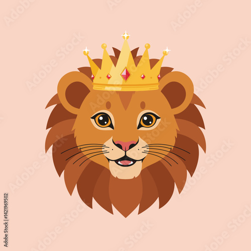 Lion face with golden crown illustration for royal and leadership symbolism in wildlife art design vector 