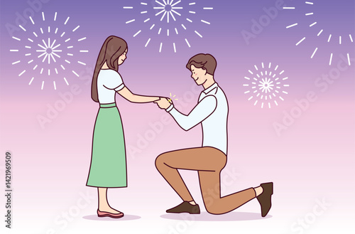 Engagement. Man proposes with a marriage ring. . Illustration for a postcard, congratulations. The couple makes plans for the future, creating a family. Symbol of love and romance.