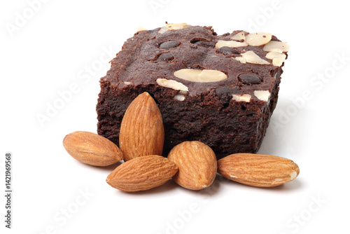 Chocolate almond Cake and with Whole almonds. isolated on white background.
