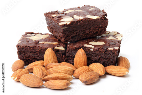 Chocolate almond Cake and with Whole almonds. isolated on white background.