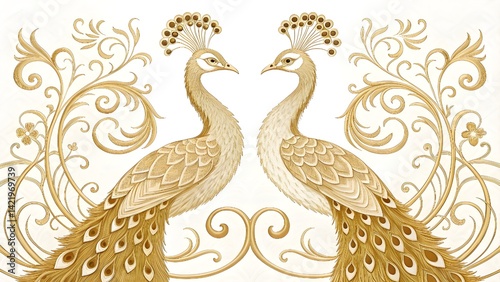 Majestic royal bird design with symmetrical golden peacocks, detailed plumage and sleek linework, elegant pattern on white background, 8K clarity