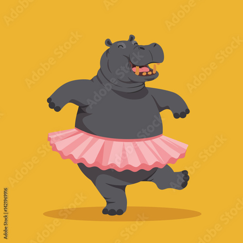 Happy hippo dancing in pink tutu skirt on yellow background vector illustration with joyful expression and playful pose 