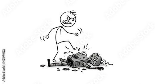 Stick Figure Kicking Broken Robot Lying on Ground with Anger