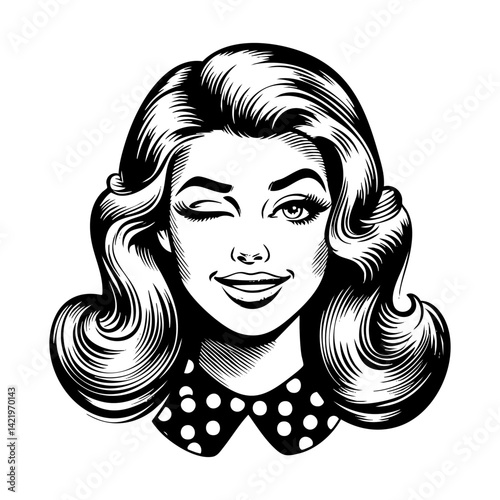 Retro girl wink sketch engraving black and white outline. Scratch board imitation. illustrated in vintage line art style on a white background.