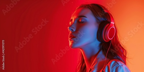 Woman Listening to Music in Neon Light