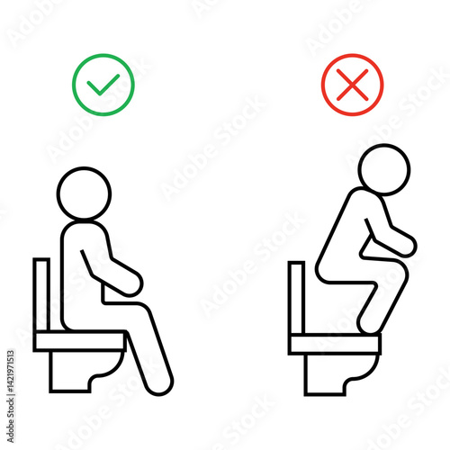 correct and incorrect position for toilet, sitting posture, customizable stroke, vector