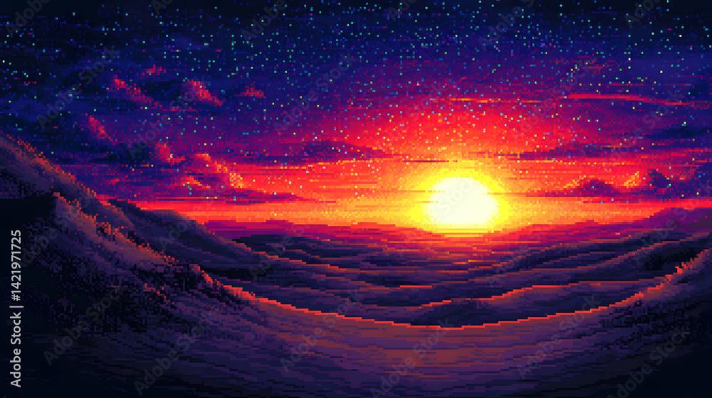 Obraz premium Pixel Art Sunset Landscape: Vibrant Red And Orange Sunset Over Dark Mountains Under Starry Night Sky