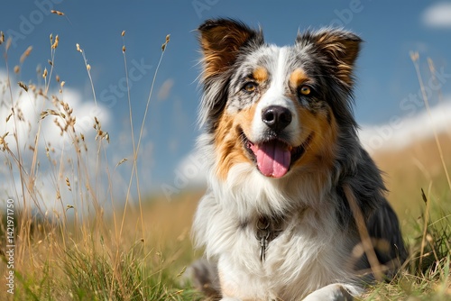 Smiling Australian Shepherd with Open Mouth in Field under Blue Sky Day photo