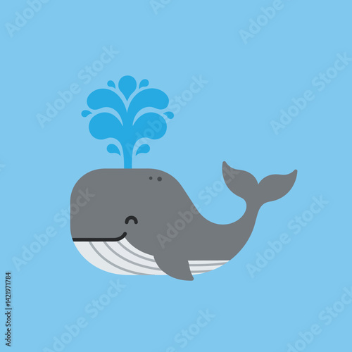 Cartoon whale with water splash on blue background smiling and swimming marine animal vector illustration 