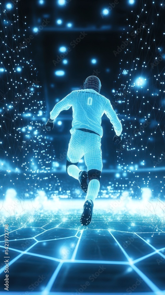 Futuristic Soccer Player Running Through a Digital Field