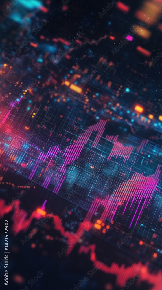 Abstract Digital Data Visualization: Neon Charts and Graphs