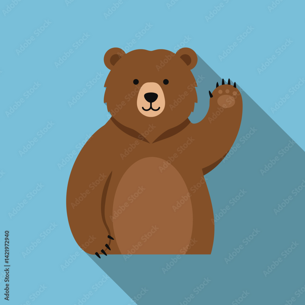 Obraz premium Brown bear waving with extended paw flat vector illustration in square format on blue background 